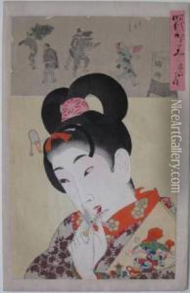 Beauty With A Feathered Toy Oil Painting - Yoshu Toyoharu Chikanobu /