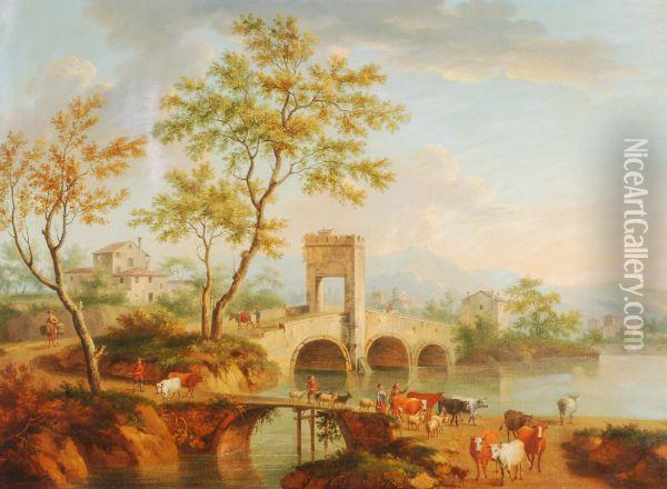 Drovers And Cattle Crossing A Bridge With A Town Beyond Oil Painting - Hendrik van Anthonissen