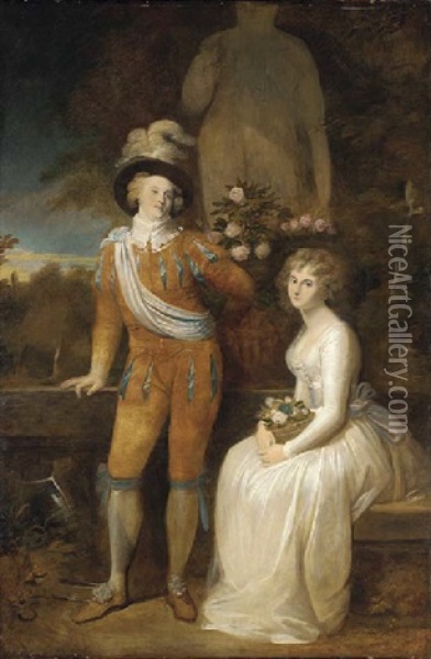 Double Portrait Of A Gentleman In Yellow And Blue Van Dyck Costume With A Young Woman Seated Before A Statue, In A Classical Garden Oil Painting - Richard Cosway