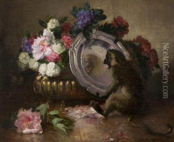 Singe Jouant Avec Un Plat D'argent Pres D'une Vasque De Fleurs Oil Painting - Charles Monginot