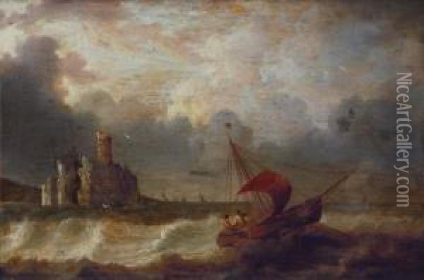 Segelboot In Rauher See Vor Kuste Oil Painting - Pieter the Younger Mulier