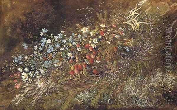 A bouquet of summer fruits and flowers on a mossy bank 2 Oil Painting - Olga Wisinger-Florian