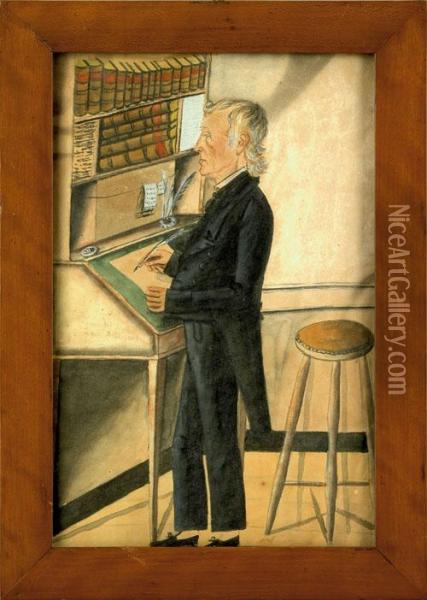 Watercolor Interior Scene Depicting A Gentleman Standing At A Desk Beside A Windsor Stool Oil Painting - Jacob Maentel