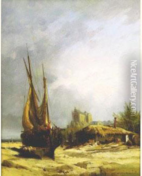 Bateau Echoue Sur La Plage, Circa 1850 Oil Painting - Jules Achille-Noel
