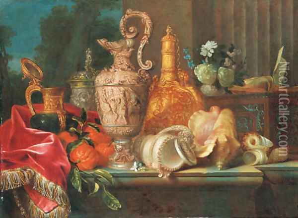 An ornamental silver ewer, a silver-gilt cup and cover and other flasks with fruit and flowers on a draped ledge Oil Painting - Meiffren (Ephren) Conte (Leconte)