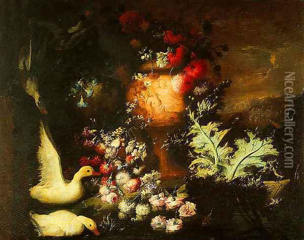 Composition with Ducks Cascade of Flowers on Water and Engraved Vase with Flowers and Thistle Leaves Oil Painting - Andrea Belvedere