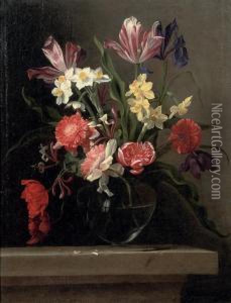 Tulips, Carnations, Narcissi And Other Flowers In A Glass Vase, Ona Stone Ledge Oil Painting - Jean Picart