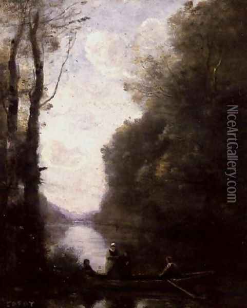The Ferryman Leaving the Bank with Two Women, 1865 Oil Painting - Jean-Baptiste-Camille Corot