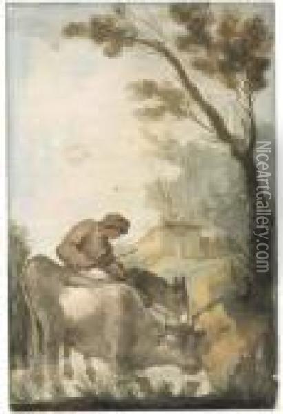 A Shepherd Crossing A Ford With A Cow And A Donkey, A Farmhousebeyond Oil Painting - Giuseppe Bernardino Bison