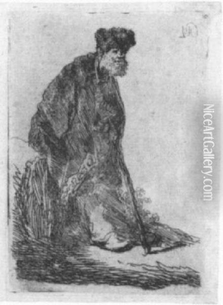 Man In A Coat And Fur Cap Leaning Against A Bank Oil Painting - Rembrandt Van Rijn
