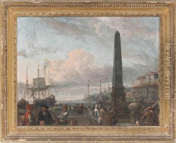 A Capriccio Of A Large Dutch Merchantman Lying Off A Mediterranean Port Oil Painting - Abraham Storck