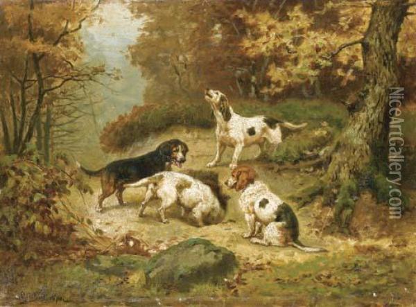Chiens De Chasse Pres D'un Terrier Oil Painting - Jules Bertrand Gelibert