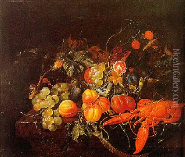 Still Life Of Fruit And Flowers On A Table With A Lobster Oil Painting - Cornelis De Heem