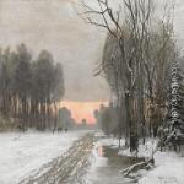 Winter Scenery Witha Red Sky Oil Painting - Anders Anderson-Lundby