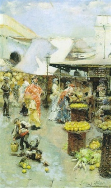 El Mercado De Sevilla Oil Painting - Jose Garcia y Ramos