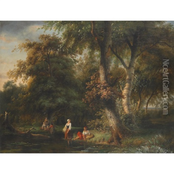 Young Field Workers Bathing And Resting In A Forest Pool Oil Painting - Ildephonse Stocquart