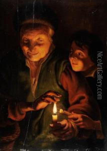 Alte Frau Mit Einem Knaben, Vonkerzenlicht Beleuchtet Oil Painting - Johann Georg Trautmann