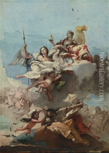 Triumph Of Virtue Oil Painting - Giovanni Domenico Tiepolo