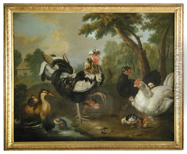 A Peacock And Peahen In A Classical Landscape; And An Appenzeller Spitzhauben Cockerel And Other Fancy Fowl In A Landscape (pair) Oil Painting - Marmaduke Cradock