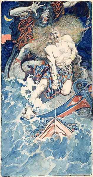 The Fishing of Thor and Hymir, from North Folk Legends of the Sea by Howard Pyle, published in Harpers Monthly Magazine, January 1902 Oil Painting - Howard Pyle