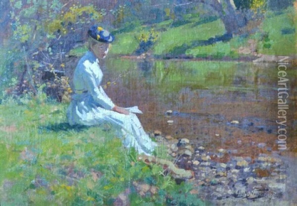 Lady By The Riverbank Oil Painting - James M. Nairn