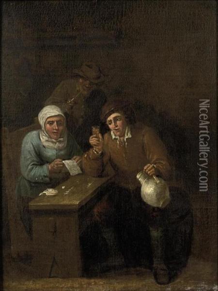 Two Men And A Women Drinking And Playing A Game At A Table In Aninn Oil Painting - David The Younger Teniers