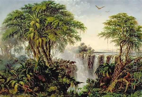 Victoria Falls with Stampeding Buffalo Oil Painting - Thomas Baines