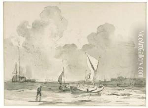 Sailing Vessels In A Bay (recto); And A Study Of Boats(verso) Oil Painting - Johannes Christian Schotel