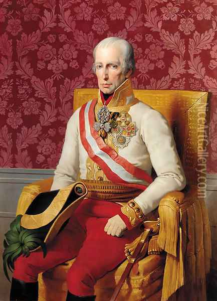 Portrait of Emperor Franz I, three-quarter-length, seated in an empire style chair and wearing military dress Oil Painting - Johann Peter Krafft