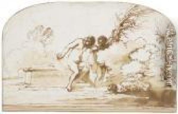Deux Baigneuses Pres D'un Sarcophage Romain, L'une Essayant L'eau,une Troisieme Nageant Oil Painting - Guercino
