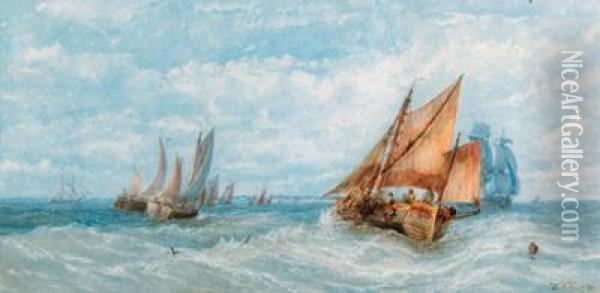 The Departure Of The Fishing Fleet; And The Returning Fishingfleet Oil Painting - William Adolphu Knell