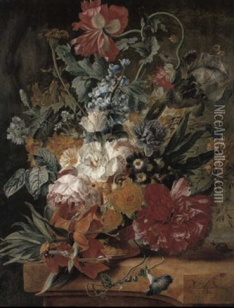 Premier Fritillaries And Other Flowers In An Urn On A Pedestal Oil Painting - Wybrand Hendriks