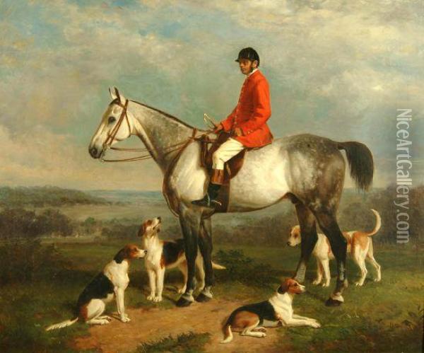 Portrait Of Richard Roake Seated On A Grey Hunter Surrounded By Hounds In A Lanscape Oil Painting - Edmund Havell Jnr.