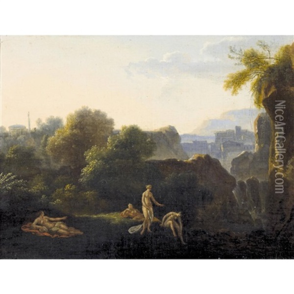 Idyllische Landschaft Mit Badenden Nymphen Oil Painting - Cornelis Van Poelenburgh