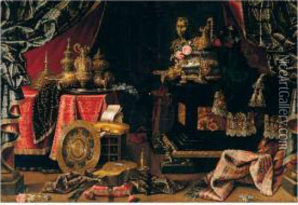 A Still Life Of Silver And Gilt 
Objects Including A Basin, Ewers, A Wine Cooler And A Candlestick, 
Together With A Violin, Guitar, Musical Score, Mirror, And A Classical 
Bust Upon A Table And Casket, In An Interior Draped With Carpets And 
Richly E Oil Painting - Francesco (Il Maltese) Fieravino