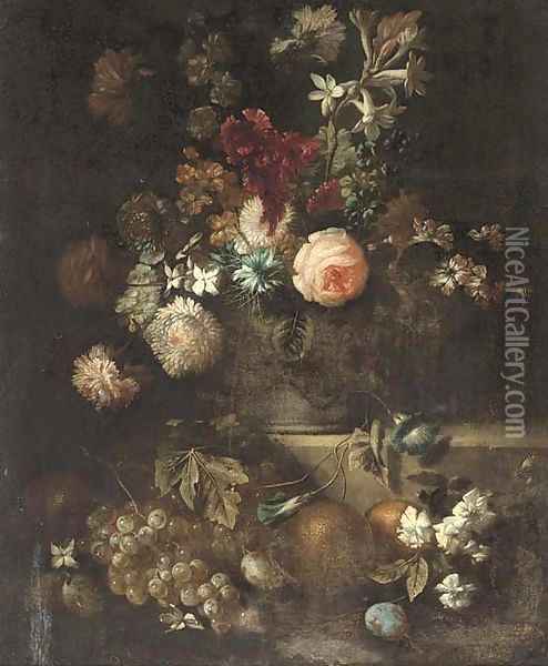 Roses, narcissi, morning glory and other flowers in a vase on a ledge with grapes, plums and oranges beneath Oil Painting - Franz Werner von Tamm