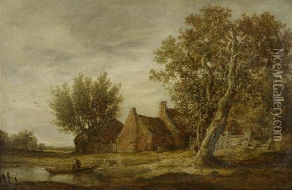 River Landscape With Farms And A Boat Oil Painting - Jan van Goyen
