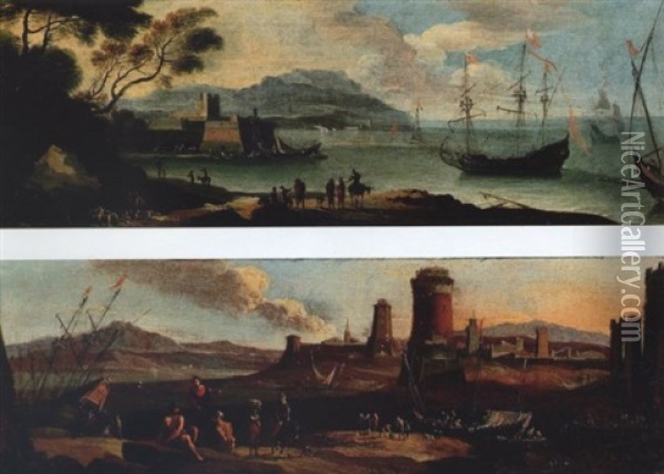 A Coastal Inlet With Figures And Moored Boats, A Town Beyond Oil Painting - Adriaen Van Der Cabel