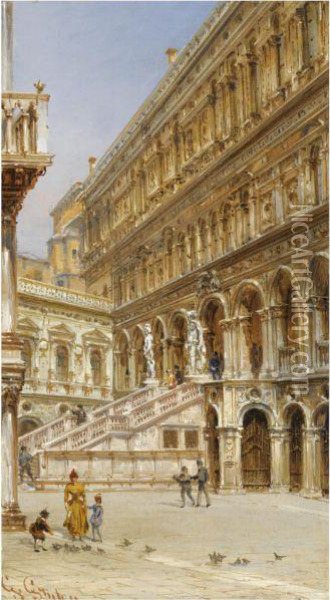 The Giants' Staircase In The Courtyard Of The Doge's Palace Oil Painting - Giovanni Grubacs