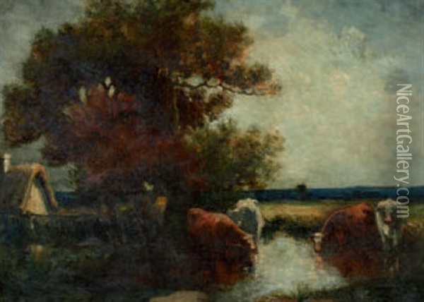 Teichlandschaft Mit Kuhen Oil Painting - Pierre (Desire Eugene) Franc Lamy