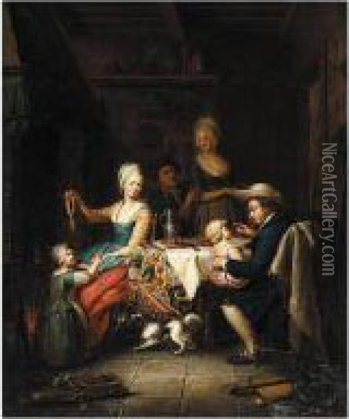 Interior With A Family At Supper Oil Painting - Gerard, Louis Fr. Van Der Puyl