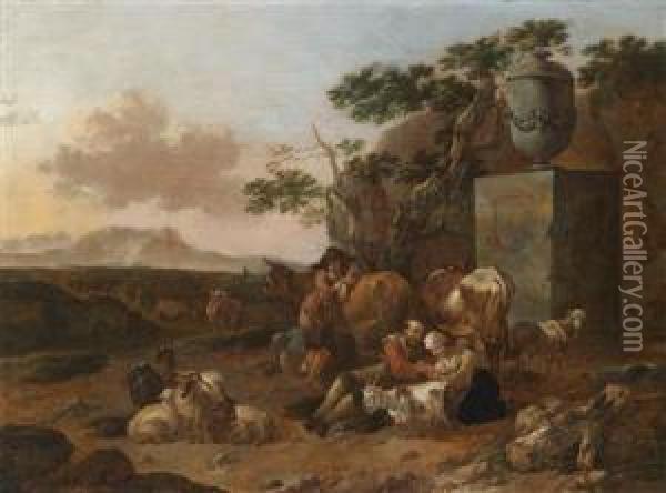 A Southern Landscape With Shepherds Restingby A Roman Monument Oil Painting - Jan Frans Soolmaker