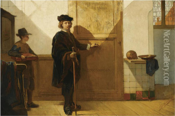 Rembrandt On His Way To The Anatomical Lesson Of Dr. Tulp Oil Painting - Christoffel Bisschop
