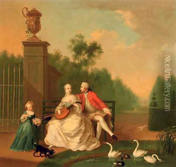 An elegant couple on a bench by a pond with swans and ducks, a girl by their side, in a park landscape Oil Painting - Johann Heinrich The Elder Tischbein