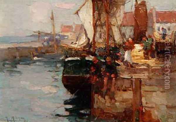 Fishing on the Quayside Oil Painting - William Watt Milne