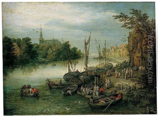 A View Of A River Quayside, A Church In The Distance Oil Painting - Pieter Brueghel the Younger
