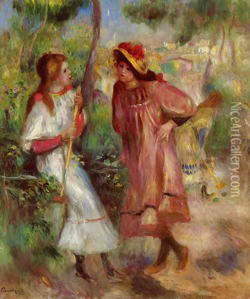 Two Girls In The Garden At Montmartre Oil Painting - Pierre Auguste Renoir