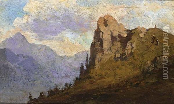 Figures In A Mountainous Landscape Oil Painting - Carl Spitzweg