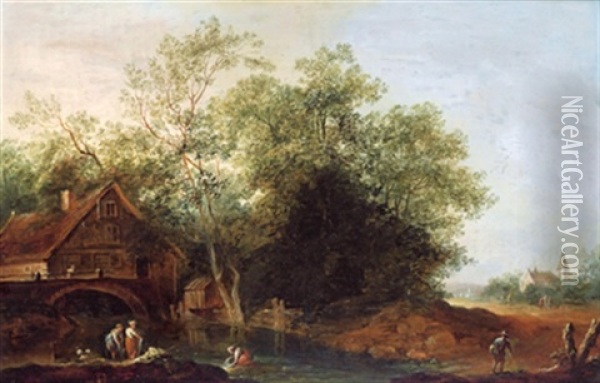 Wascherinnen Vor Einem Bauernhaus Im Walde An Einem Bach Oil Painting - Christian Hilfgott Brand