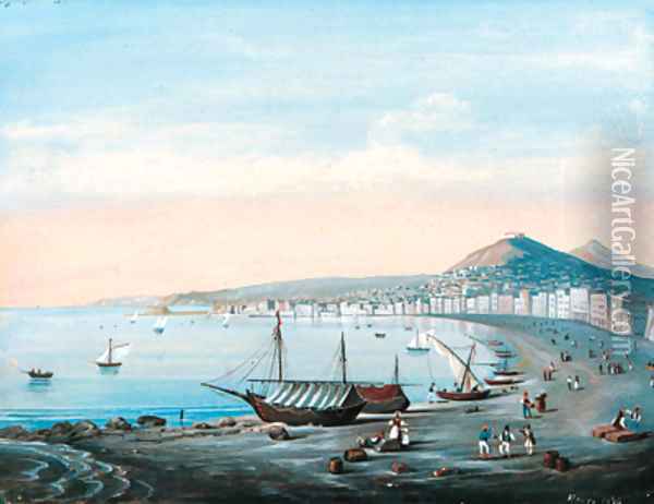 Figures and beached fishing boats on the Neapolitan coast Oil Painting - Neapolitan School